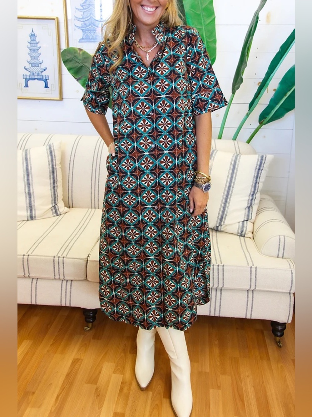 NWOT Entro Geo Melody Tile-Print V-Neck Maxi Dress Small